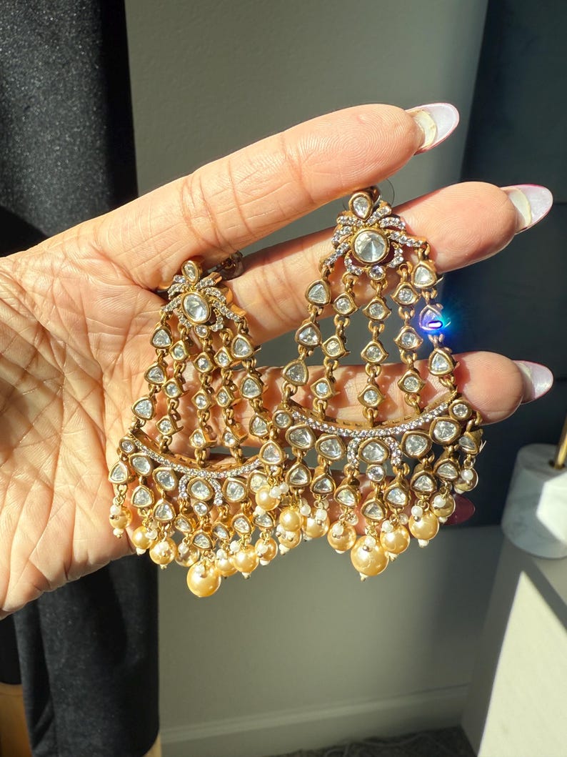 22k Gold Plated w Moissanite Stones, Lightweight Chandelier Earrings w Ivory Pearl Beads