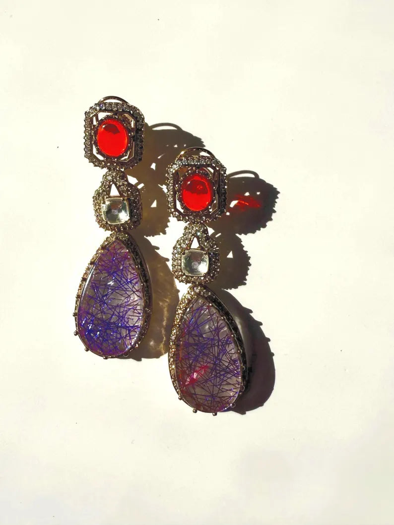 Piya Doublet Stone Statement Earrings w Moissanite & 10k Gold Plated