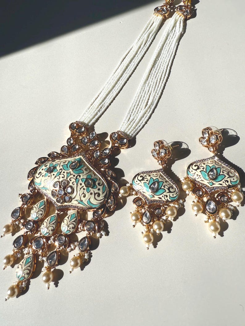 22k Gold Plated Maala Set: Meenakari, Moissanite & Ivory Pearl