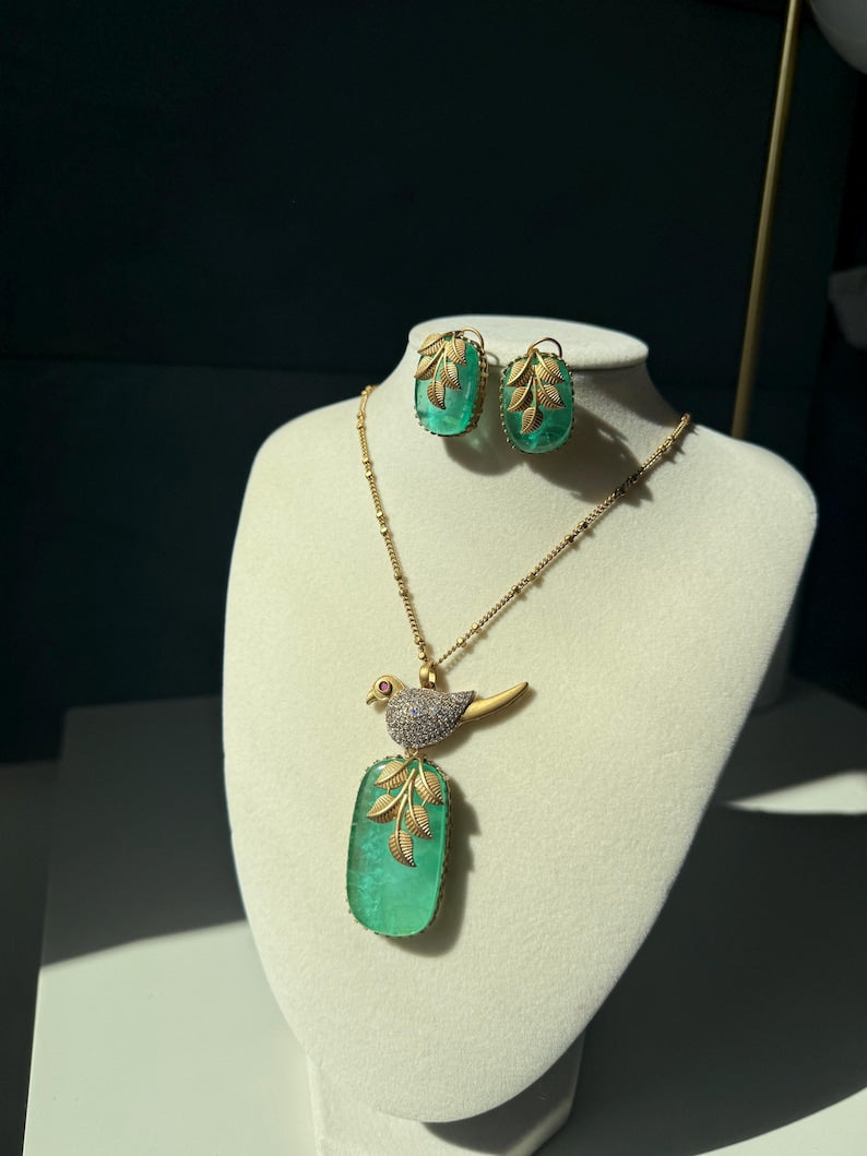 Bird Pendent Set w Mother of Pearl/Doublet Stone, 10k Gold Plating & Cubic zirconia