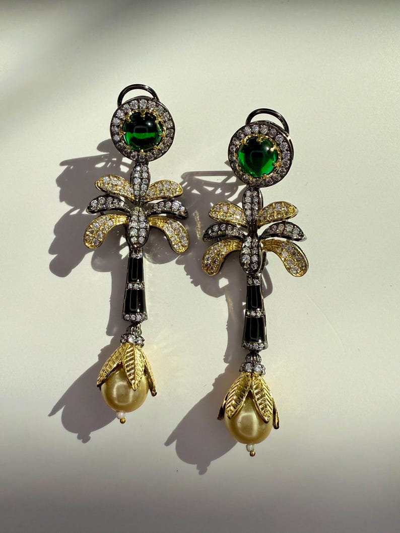 Palm Tree Statement Earrings, Ivory Pearl earrings w Doublet stone