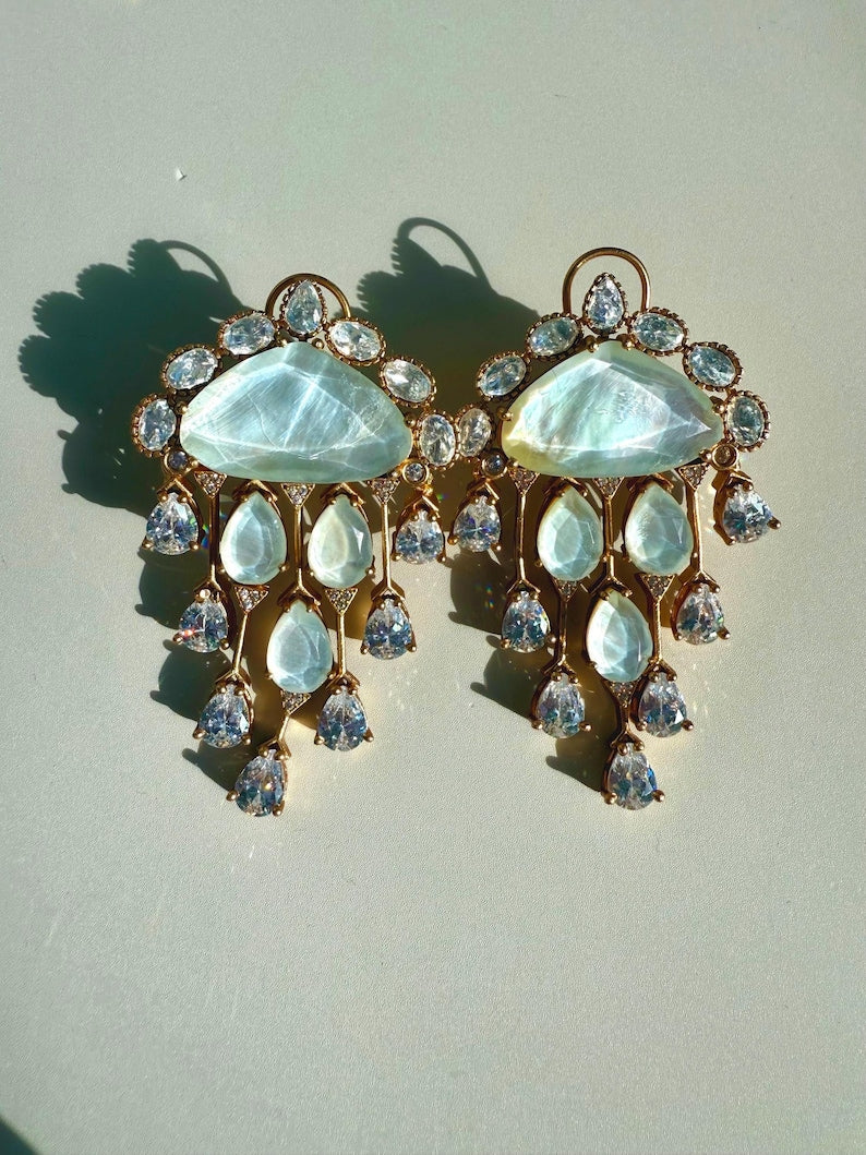 Chandni Premium Moissanite Statement Earrings w Mother of Pearl/ Doublet stone & 10k gold plating