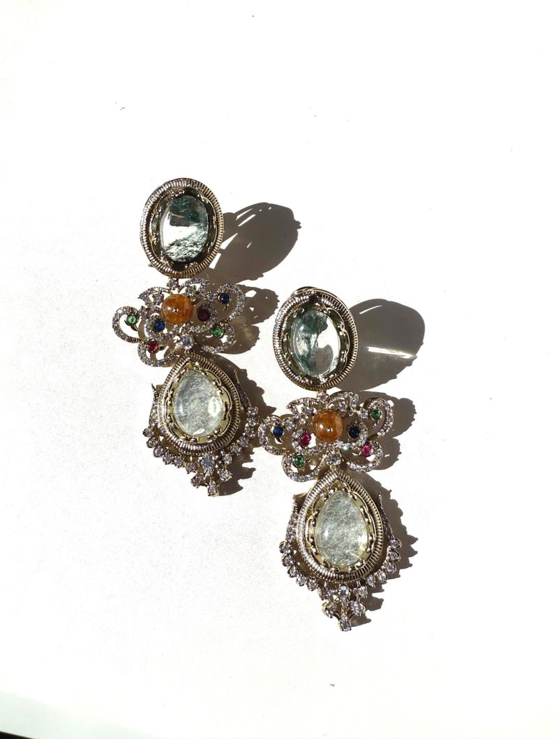 Heer Semi Precious Stone Earrings w Cubic Zirconia & 10k Gold Plated